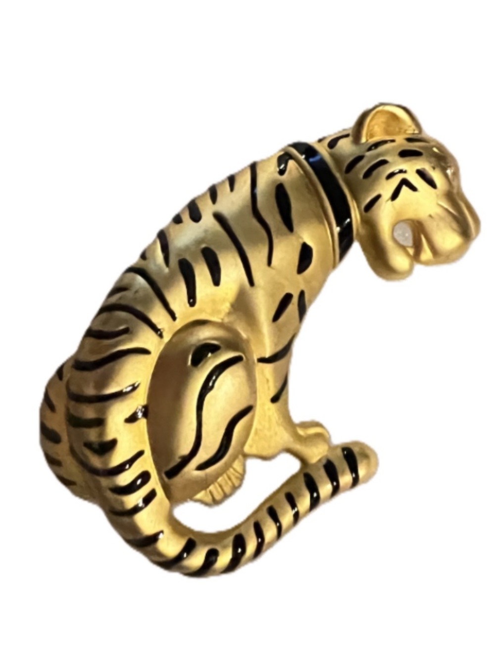 Vintage Gold Tone Tiger Brooch Rhinestone Eyes Black Enamel Stripes